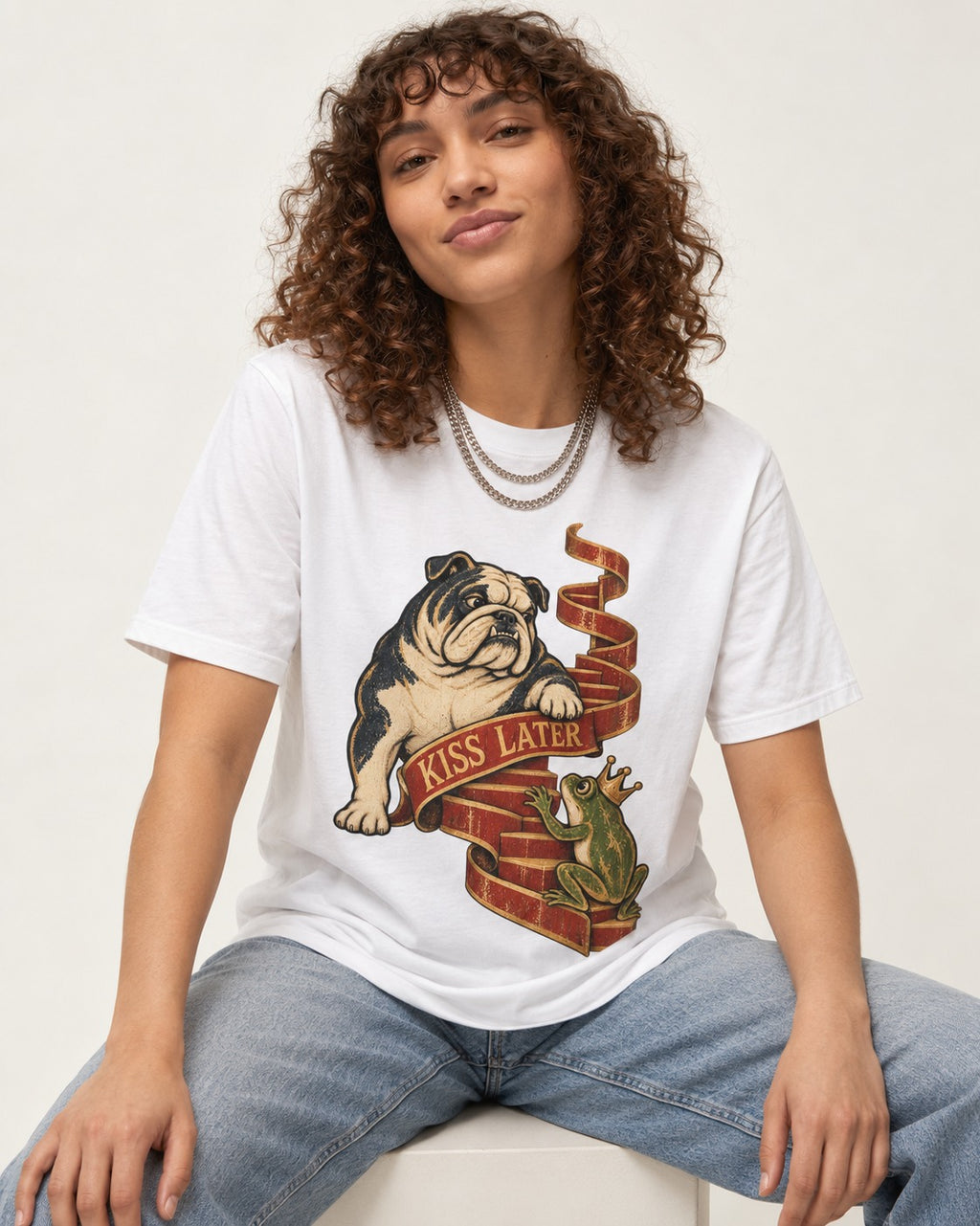 English Bulldog Kiss Later Frog Prince Graphic T-Shirt in White, worn by a seated model