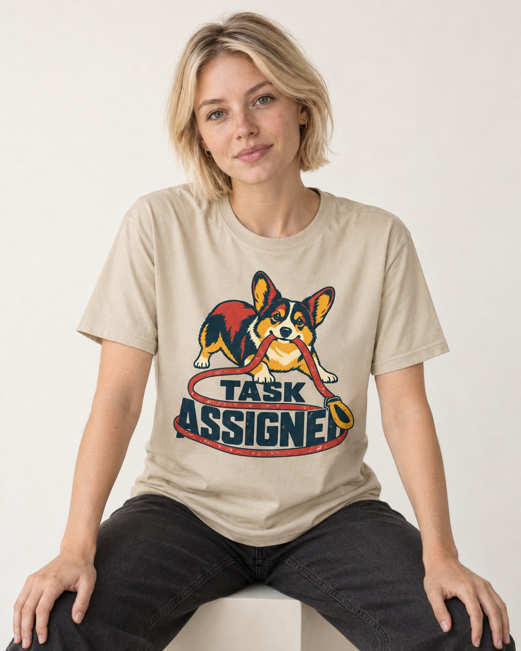 Corgi Task Assigned T-Shirt in Sand, worn by a seated model