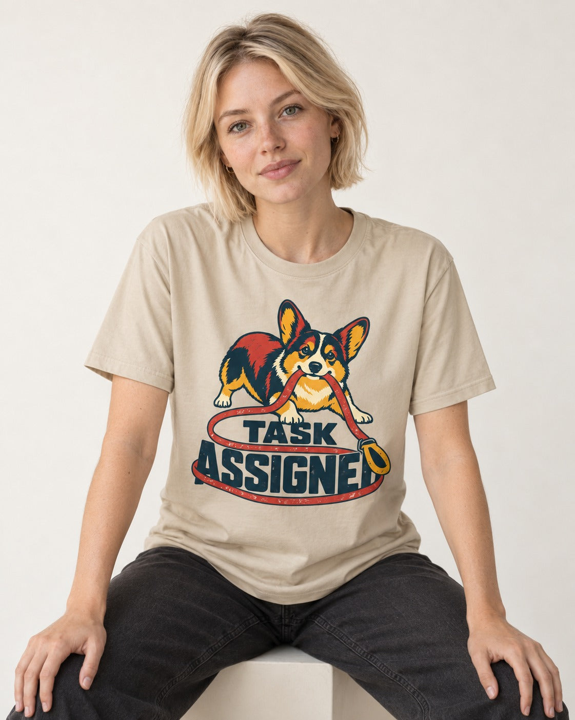 Corgi Task Assigned T-Shirt in Sand, worn by a seated model