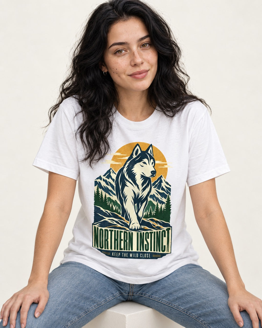 Husky Northern Instinct Mountain Sentinel T-Shirt in White, worn by a seated model