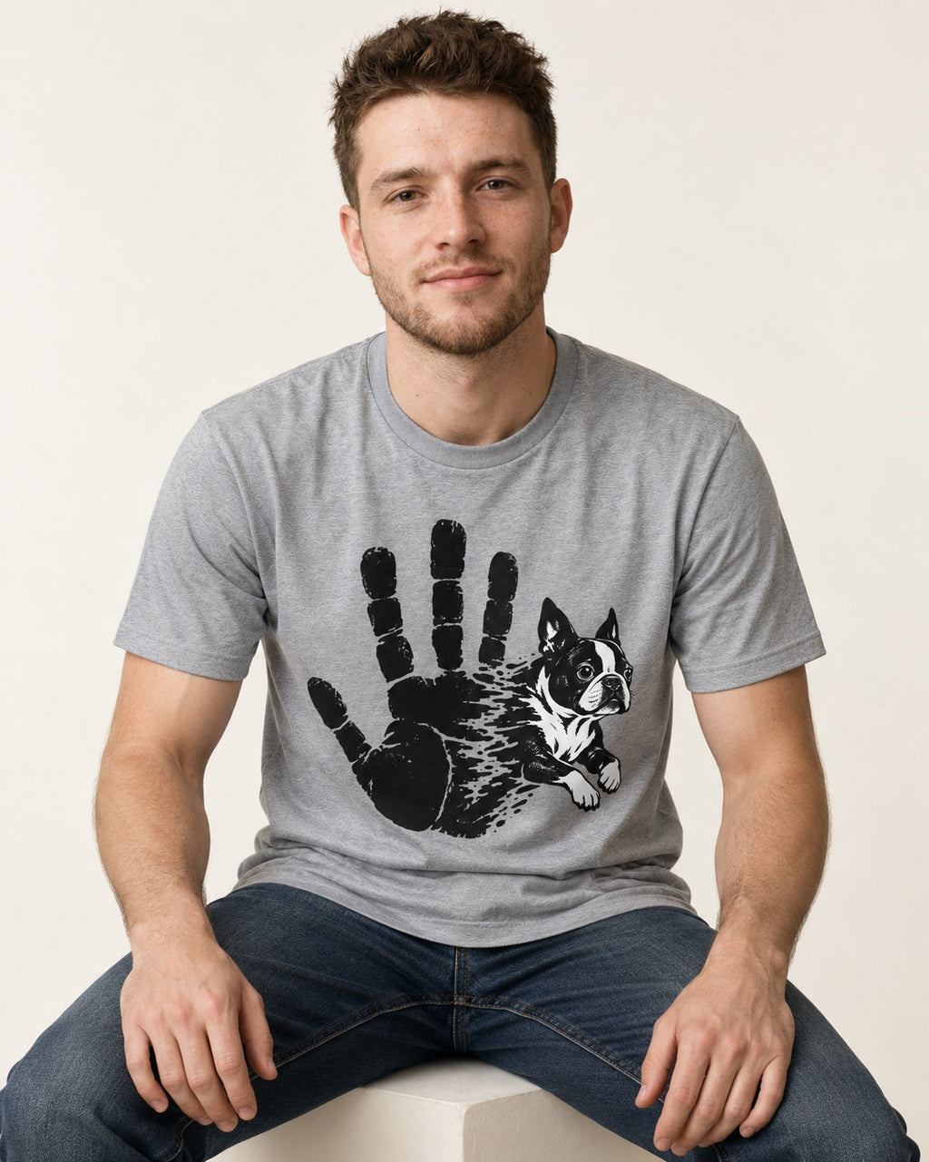 Boston Terrier High Five T-Shirt in Sport Grey, worn by a seated model