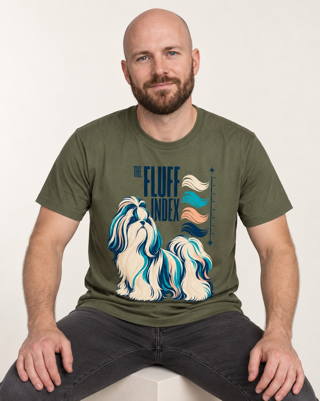 Shih Tzu The Fluff Index Coat Color Chart Graphic T-Shirt in Heather Military Green, worn by a seated model
