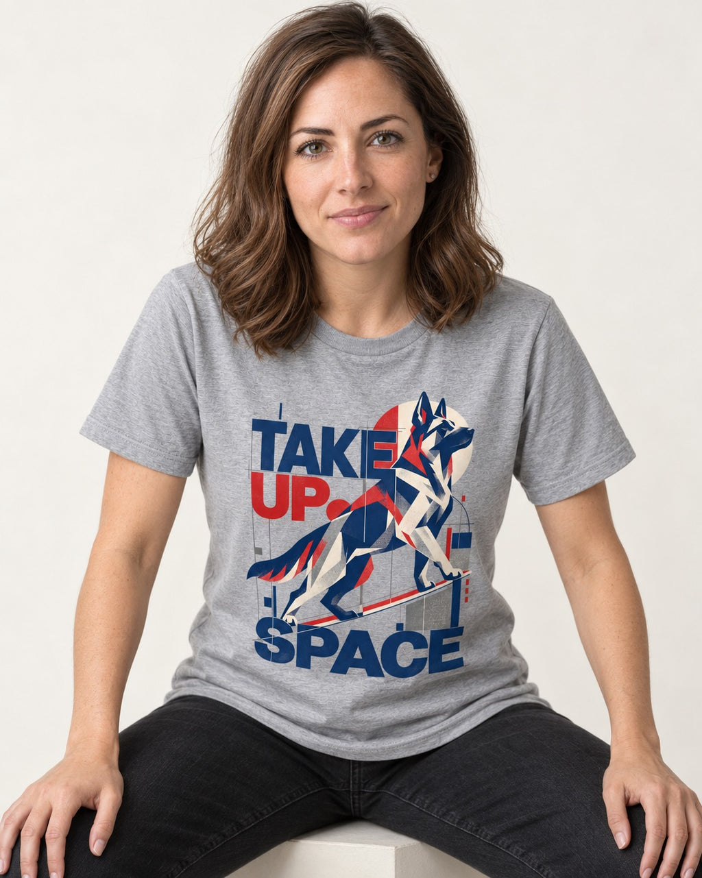 Take Up Space German Shepherd Dog T-Shirt in Sport Grey, worn by a seated model