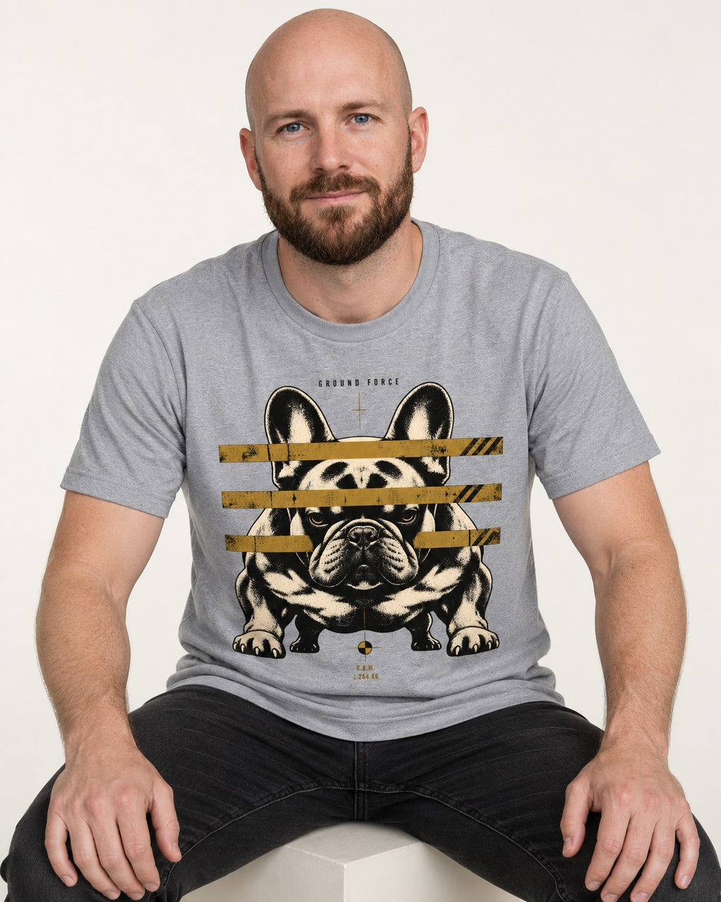 Frenchie Ground Force Industrial Barrier Graphic T-Shirt in Sport Grey, worn by a seated model