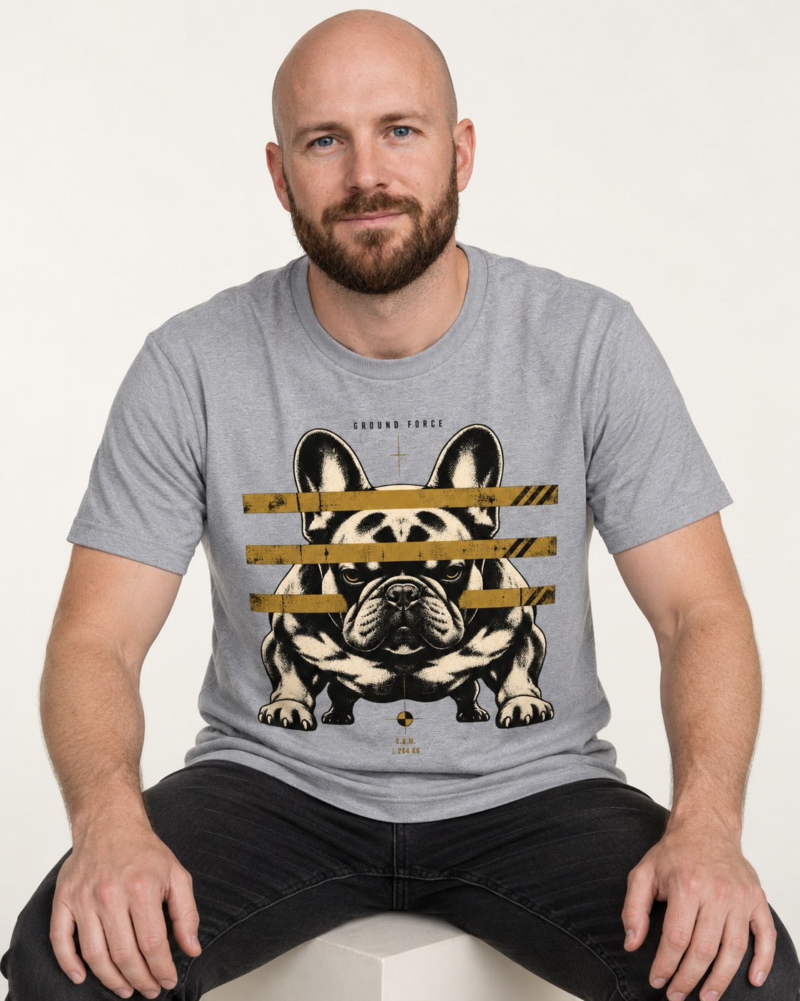 Frenchie Ground Force Industrial Barrier Graphic T-Shirt in Sport Grey, worn by a seated model