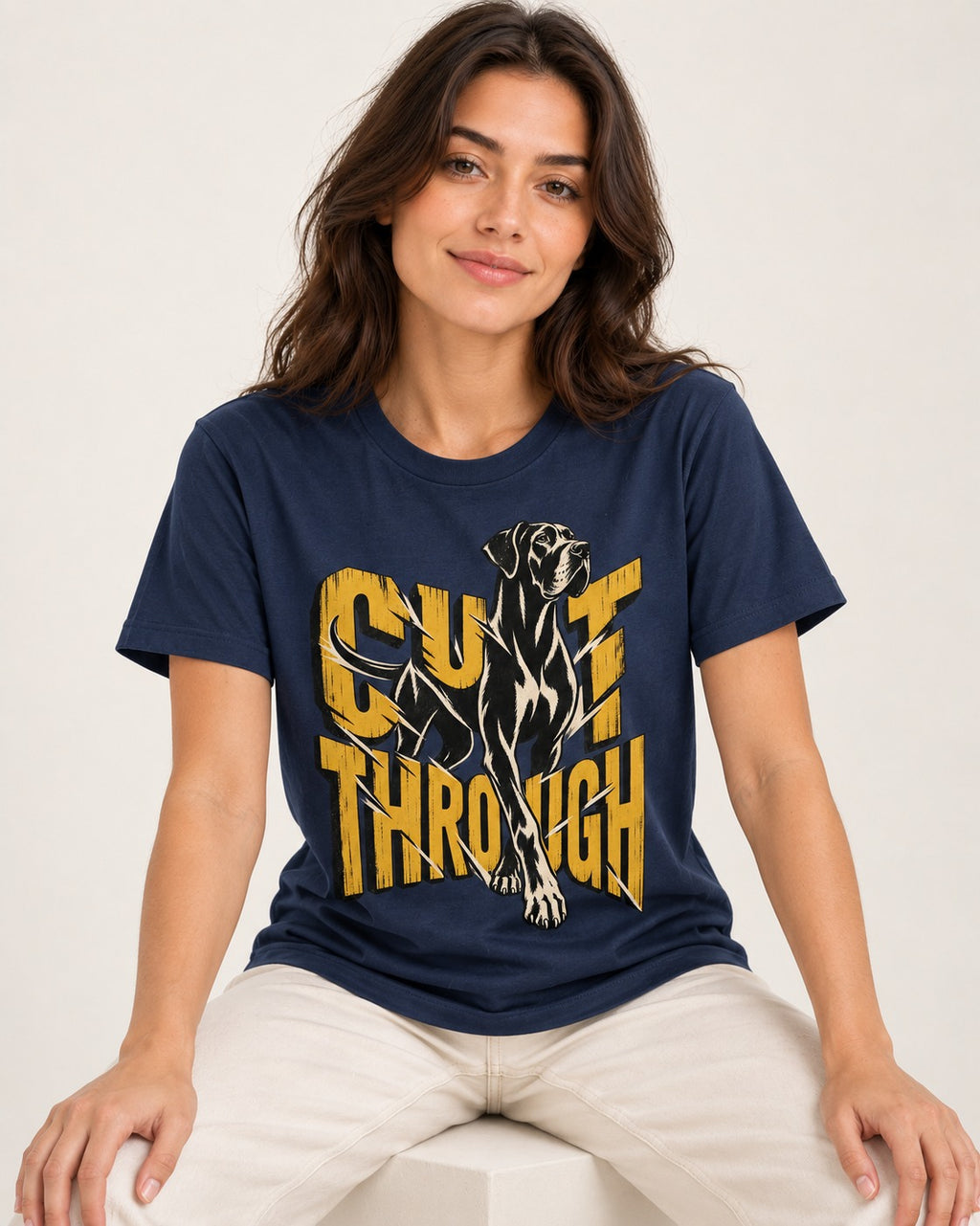 Great Dane Cut Through Breaking Type Graphic T-Shirt in Navy, worn by a seated model