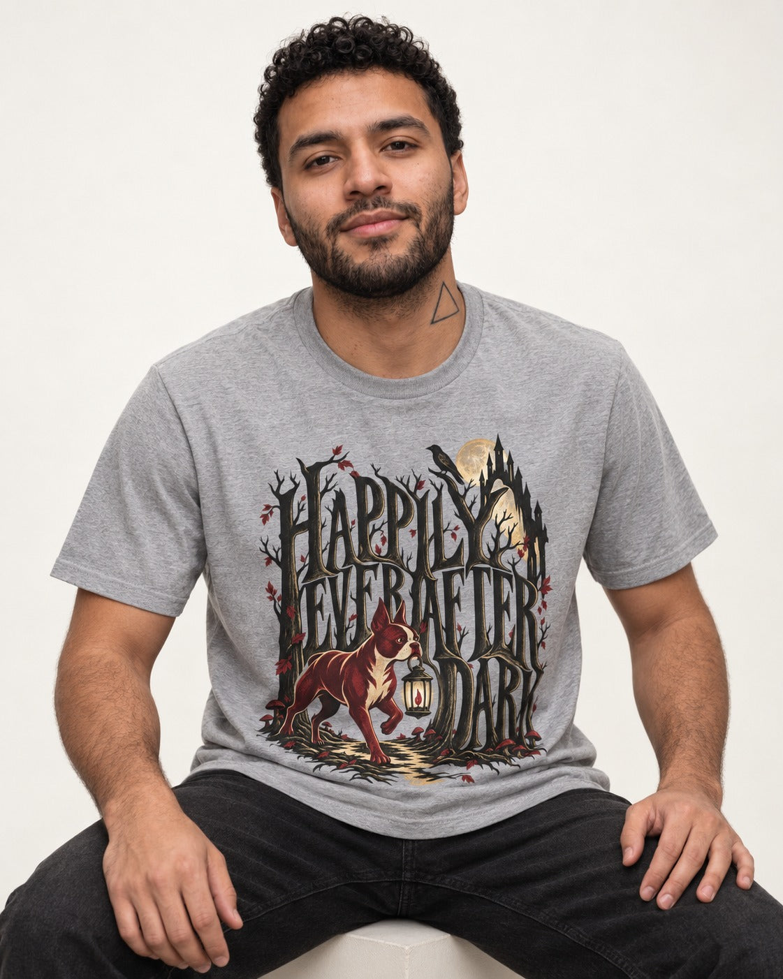 Happily Ever After Dark Boston Terrier T-Shirt in Sport Grey, worn by a seated model