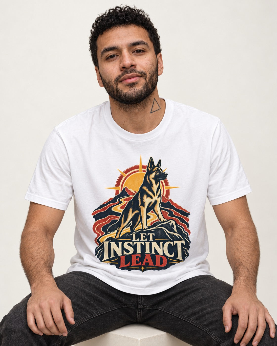 Let Instinct Lead Sunrise German Shepherd Dog Graphic T-Shirt in White, worn by a seated model