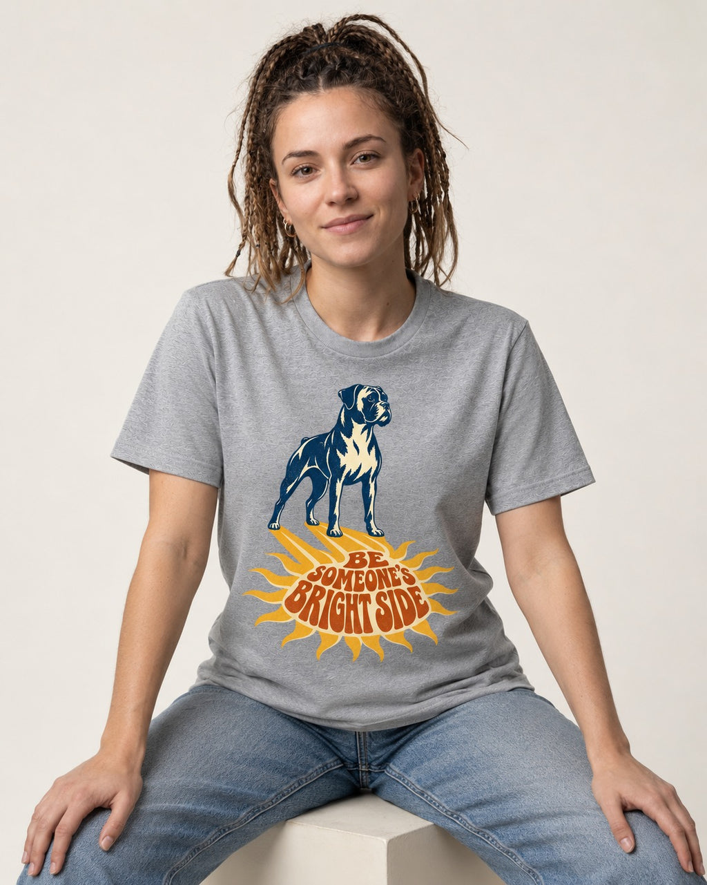 Boxer Be Someone's Bright Side T-Shirt in Sport Grey, worn by a seated model