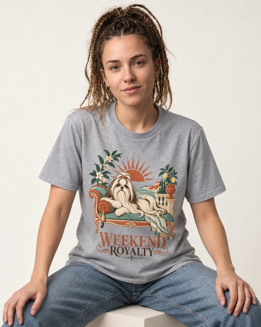 Shih Tzu Weekend Royalty T-Shirt in Sport Grey, worn by a seated model