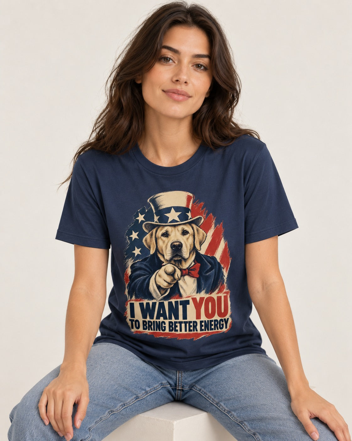 Labrador Retriever I Want You to Bring Better Energy Uncle Sam Graphic T-Shirt in Navy, worn by a seated model