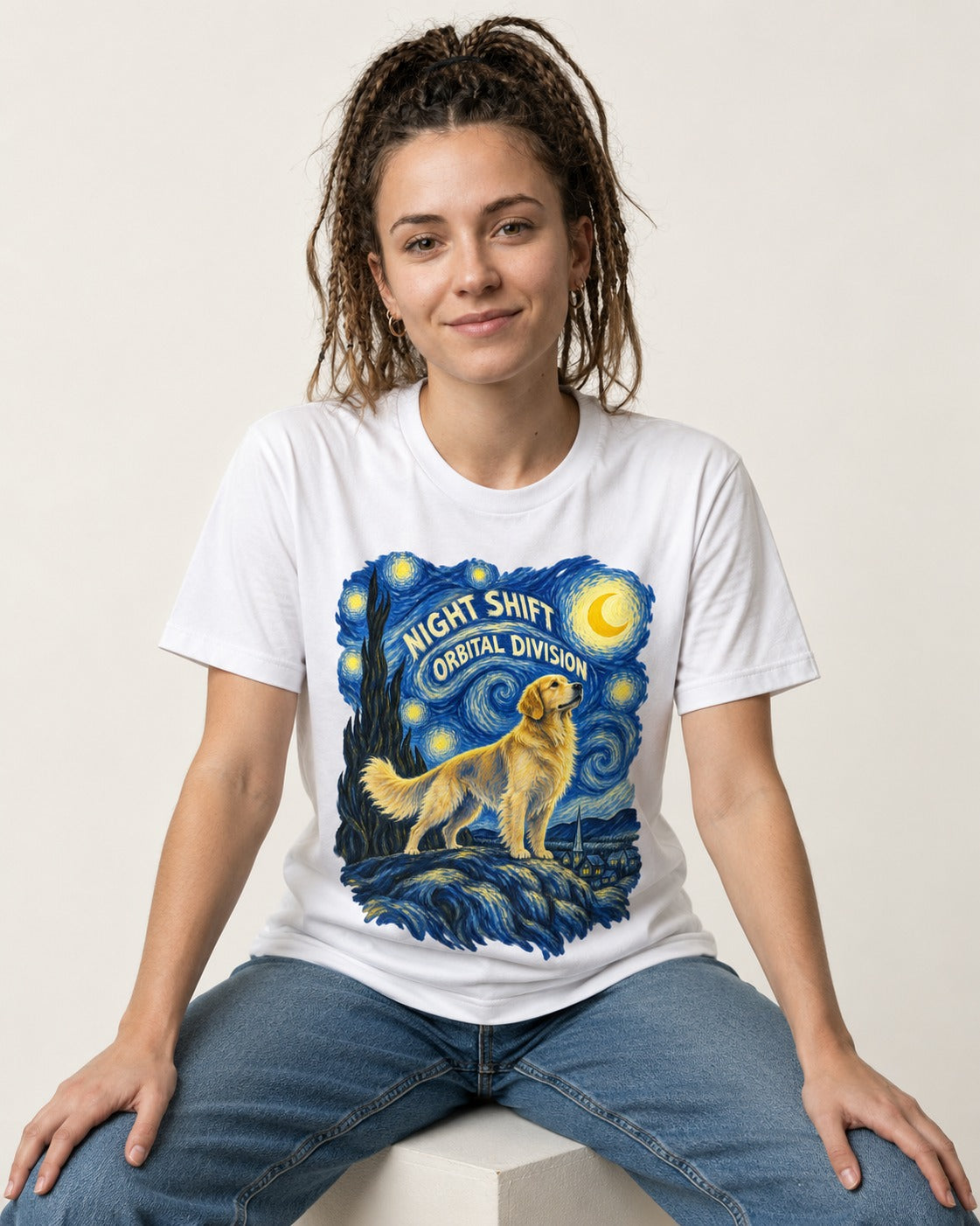 Night Shift Orbital Division Starry Night Golden Retriever Graphic T-Shirt in White, worn by a seated model