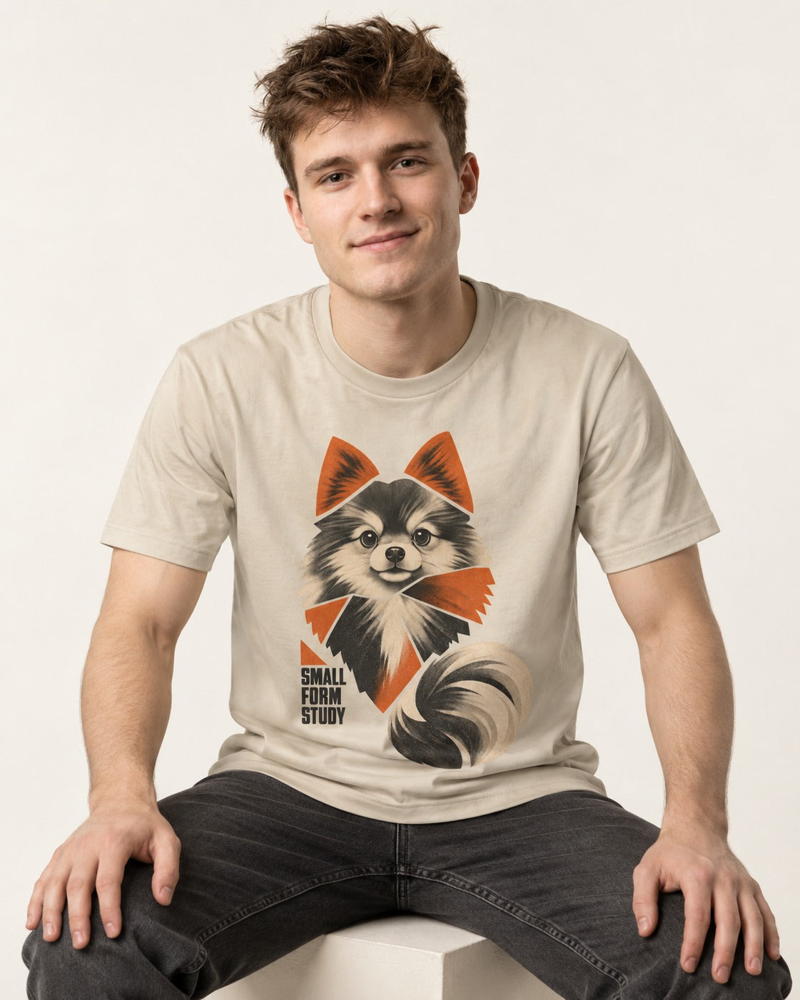 Pomeranian Small Form Study T-Shirt in Sand, worn by a seated model
