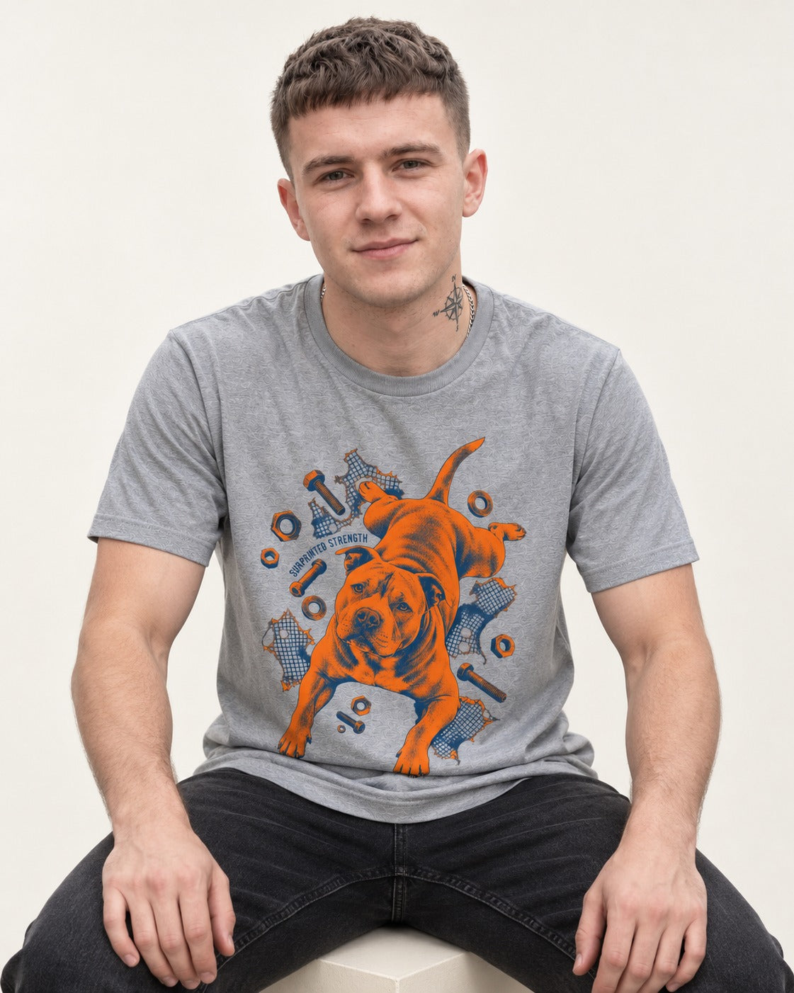 Pitbull Strength T-Shirt in Sport Grey, worn by a seated model