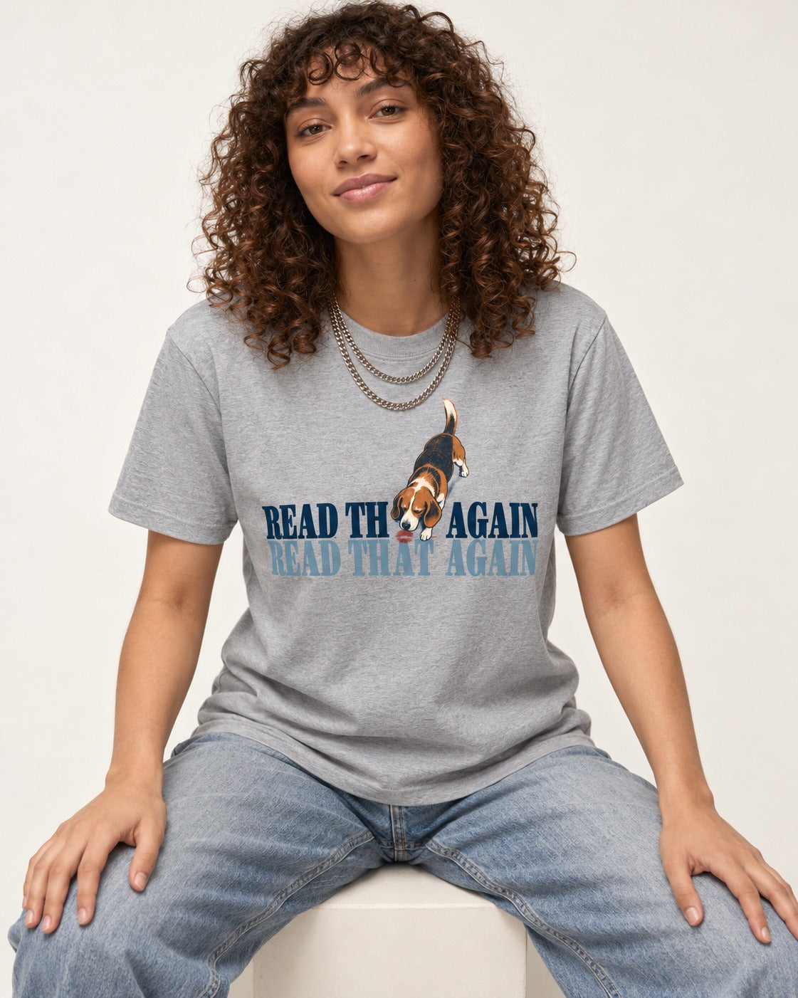 Read That Again Beagle T-Shirt in Sport Grey, worn by a seated model