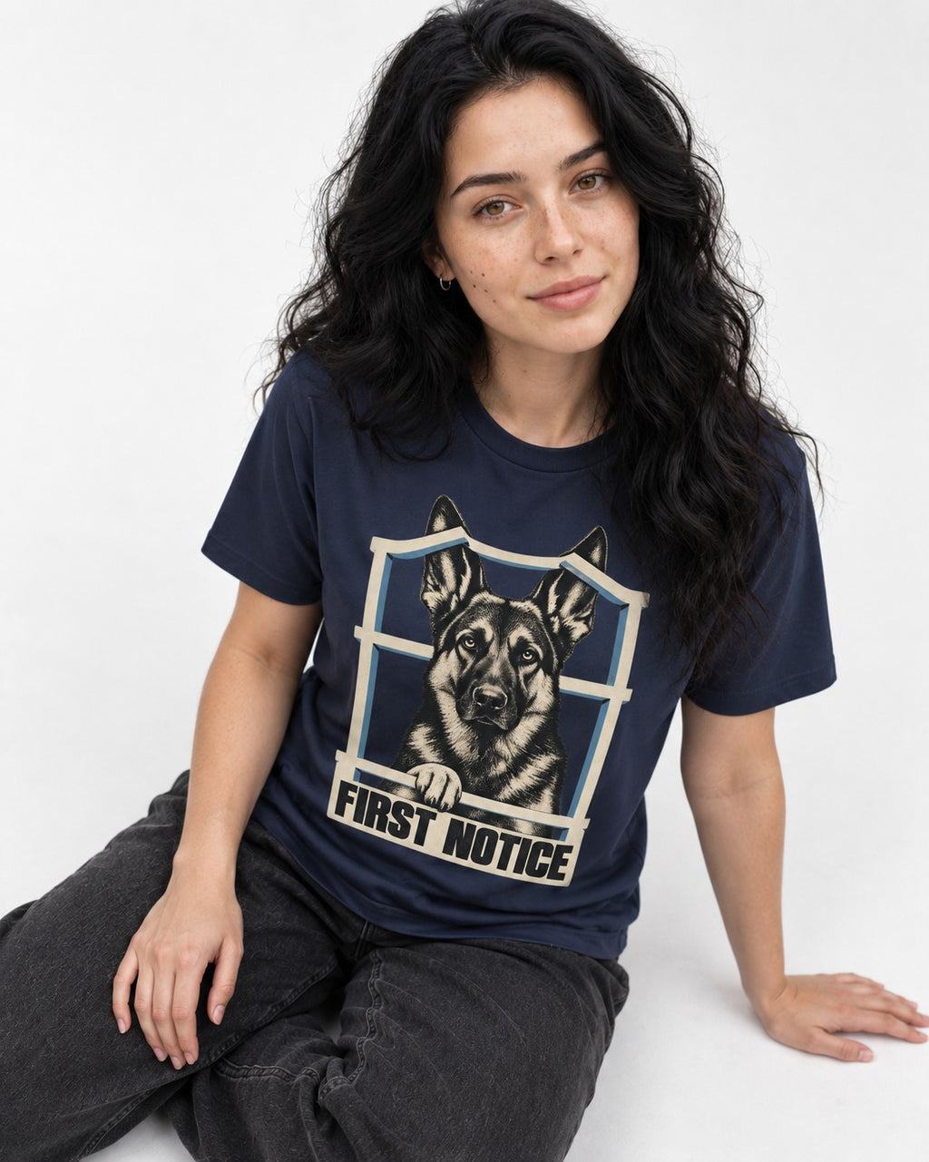 First Notice Window German Shepherd Dog Graphic T-Shirt in Navy, worn by a seated model