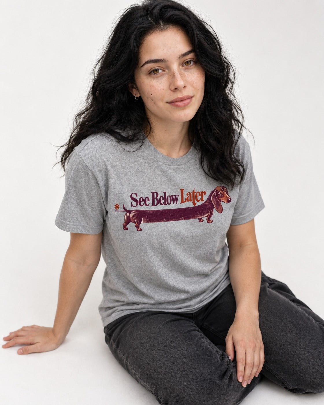 See Below Later Dachshund T-Shirt in Sport Grey, worn by a seated model