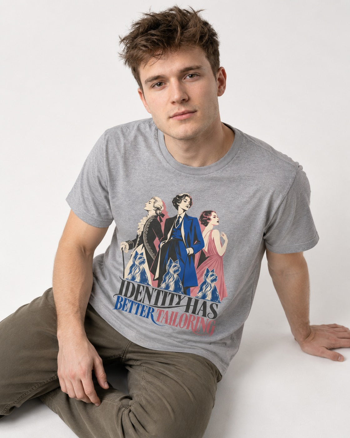 Yorkshire Terrier Identity Has Better Tailoring T-Shirt in Sport Grey, worn by a seated model
