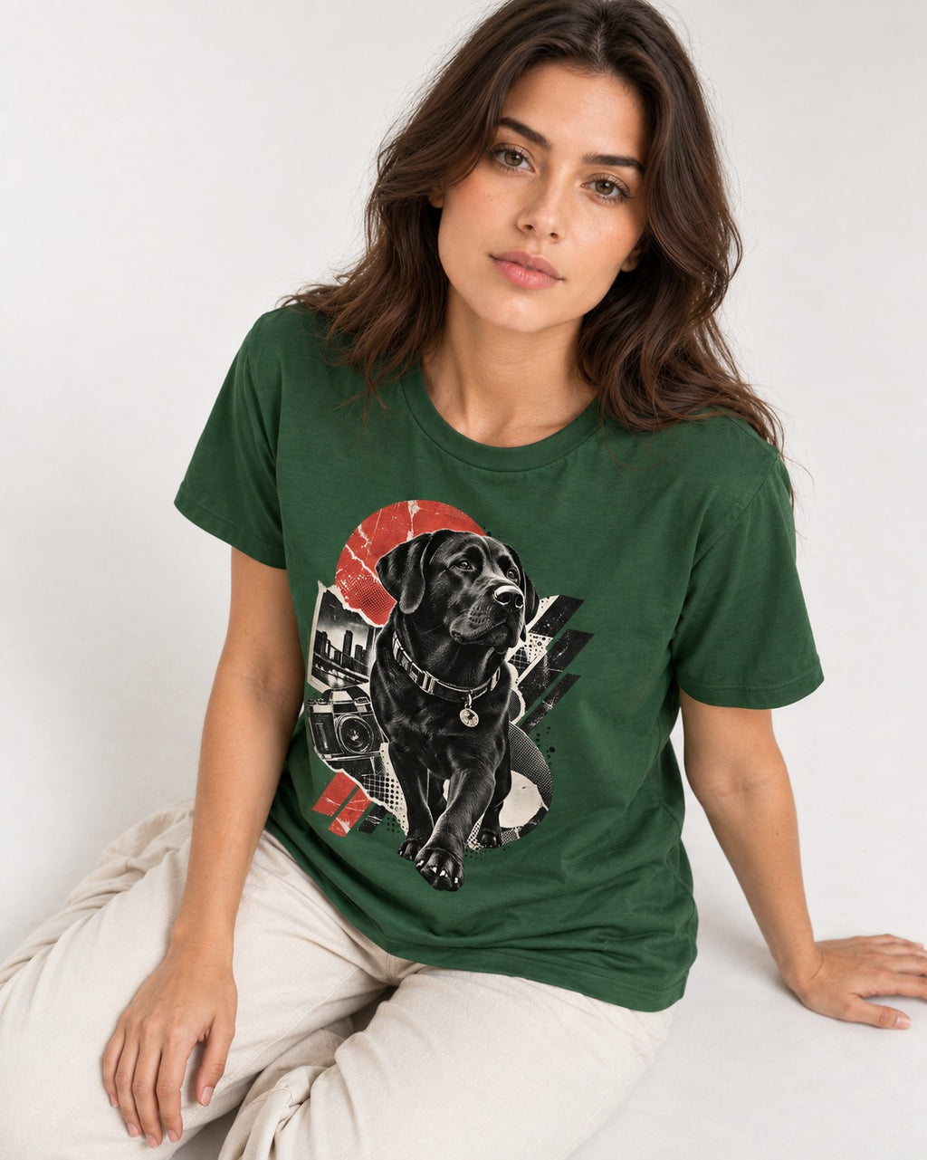 Labrador Retriever Camera City Halftone Collage Graphic T-Shirt in Forest Green, worn by a seated model