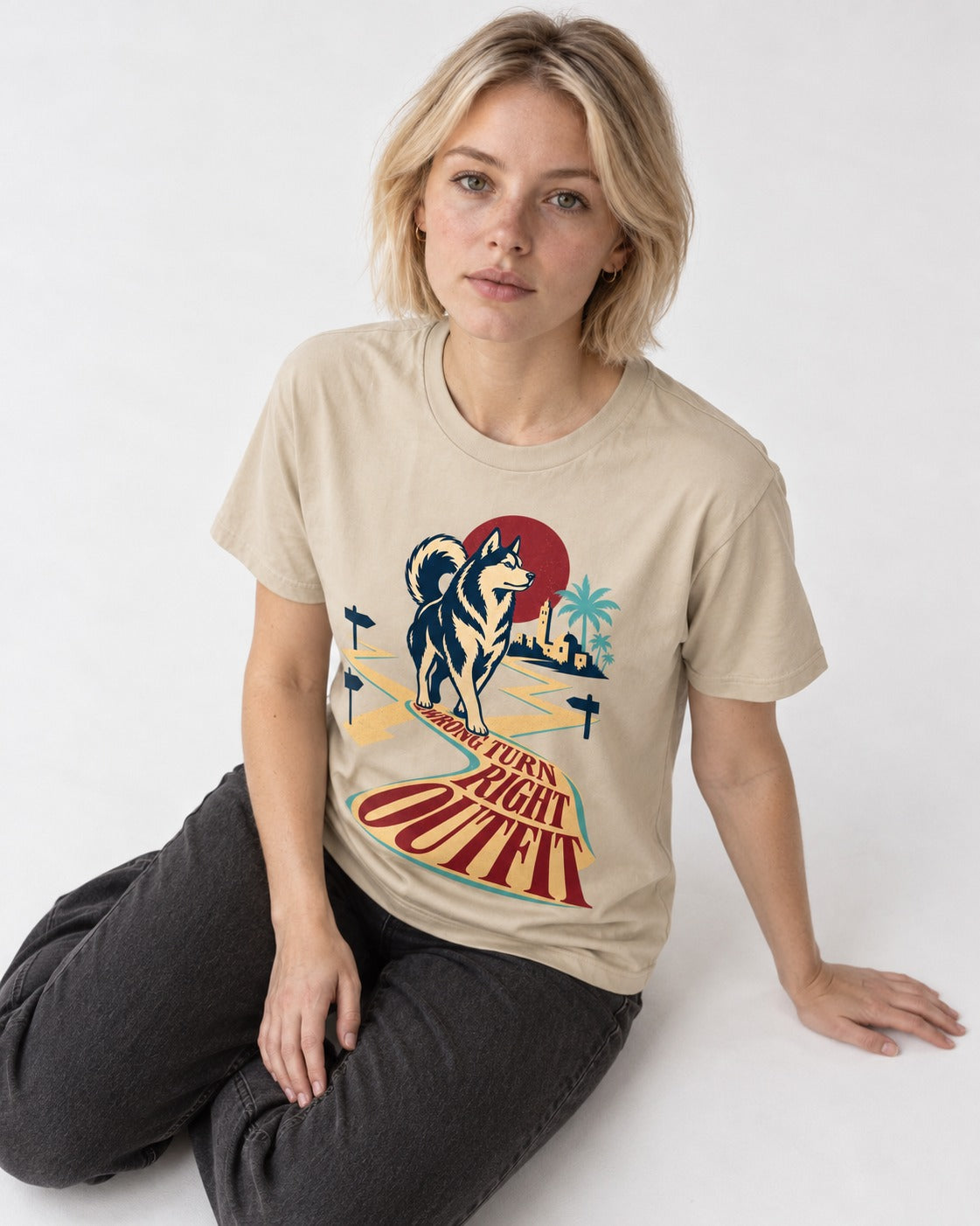 Wrong Turn Right Outfit Husky T-Shirt in Sand, worn by a seated model