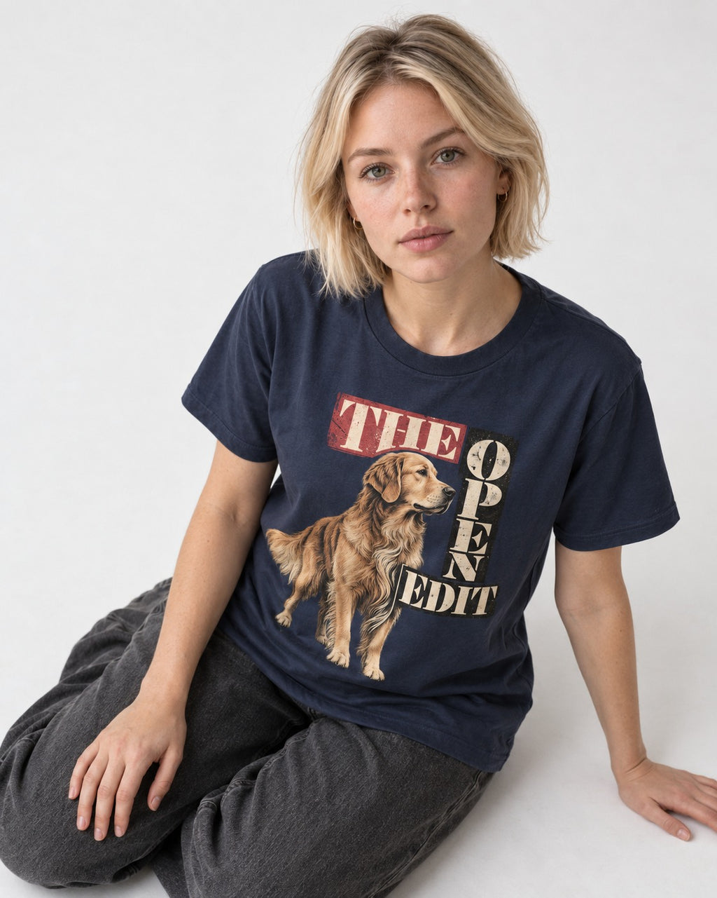 Golden Retriever The Open Edit Typography Portrait Graphic T-Shirt in Navy, worn by a seated model