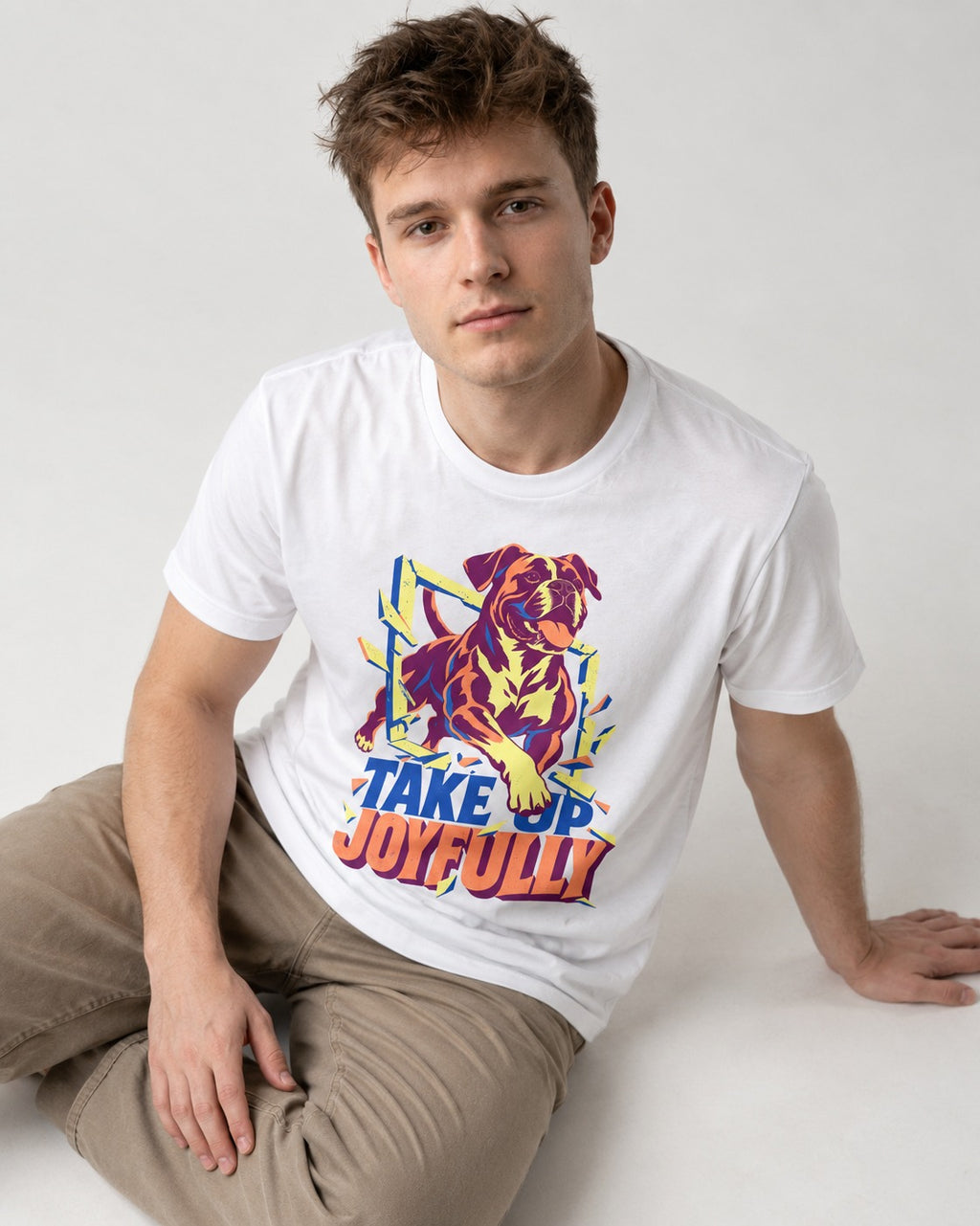 Take Up Joyfully Boxer Breakthrough Graphic T-Shirt in White, worn by a seated model