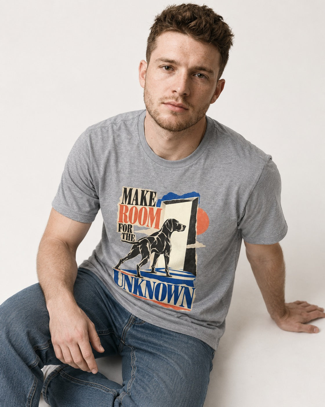 German Shorthaired Pointer Room for the Unknown T-Shirt in Sport Grey, worn by a seated model