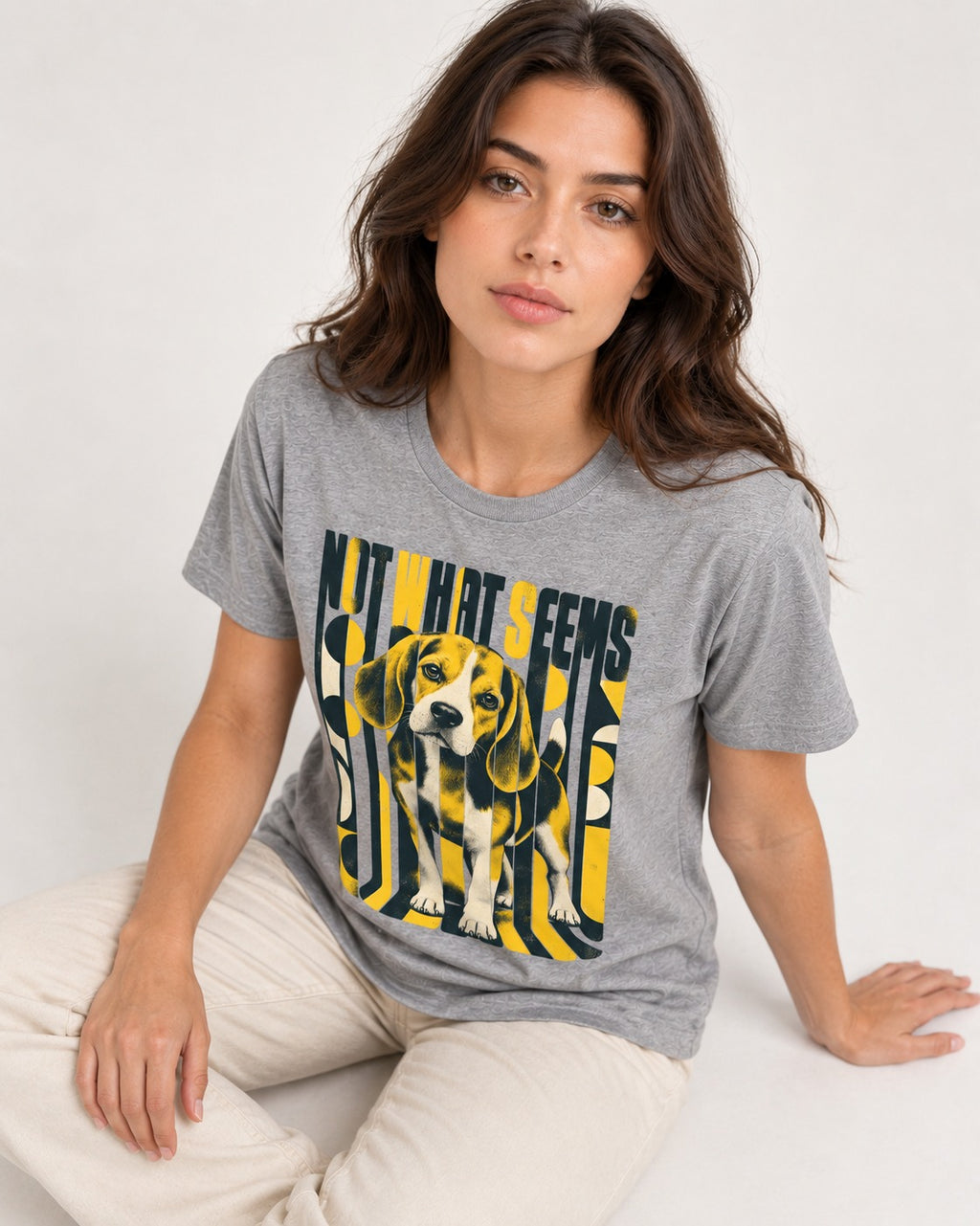 Not What It Seems Beagle T-Shirt in Sport Grey, worn by a seated model