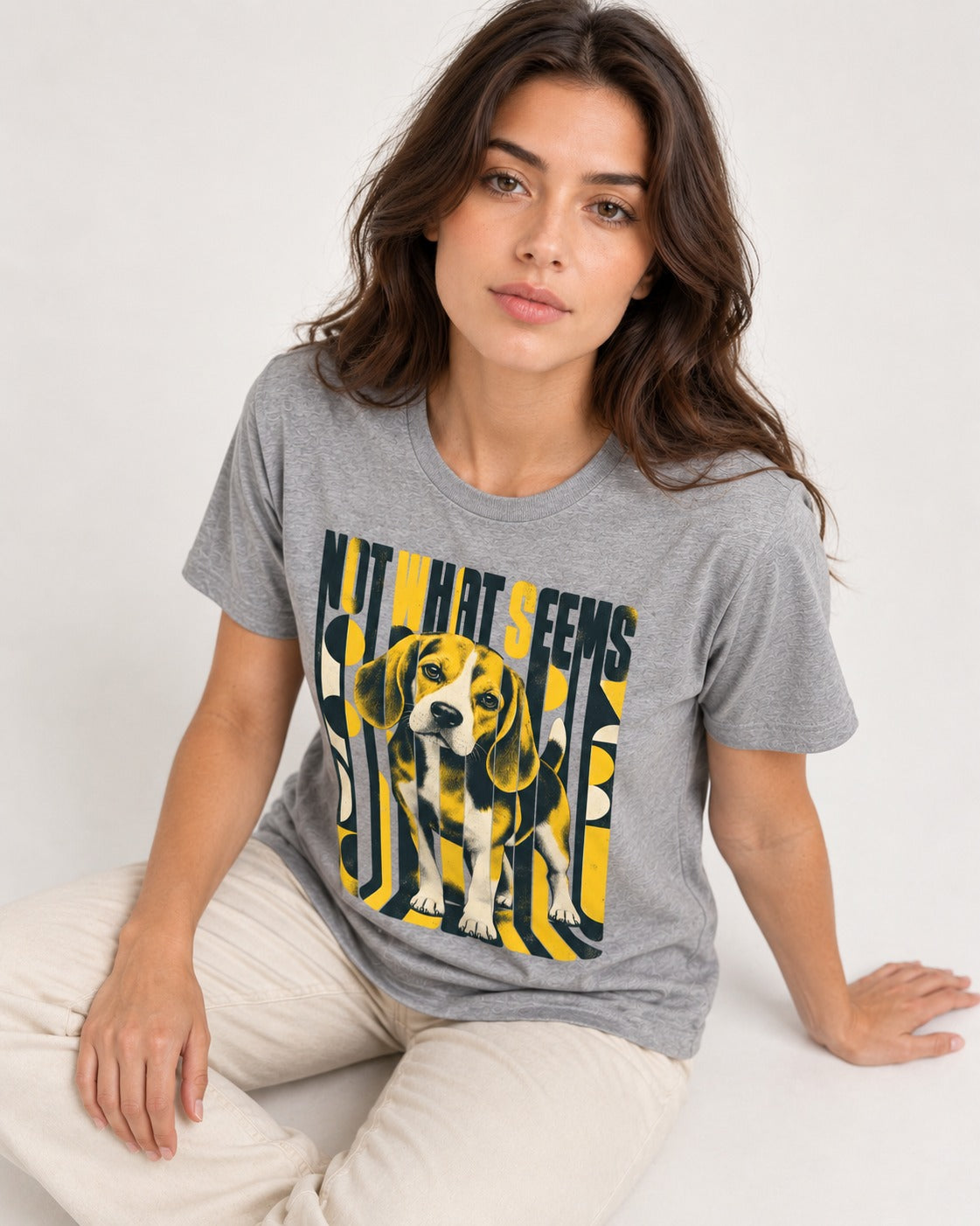 Not What It Seems Beagle T-Shirt in Sport Grey, worn by a seated model