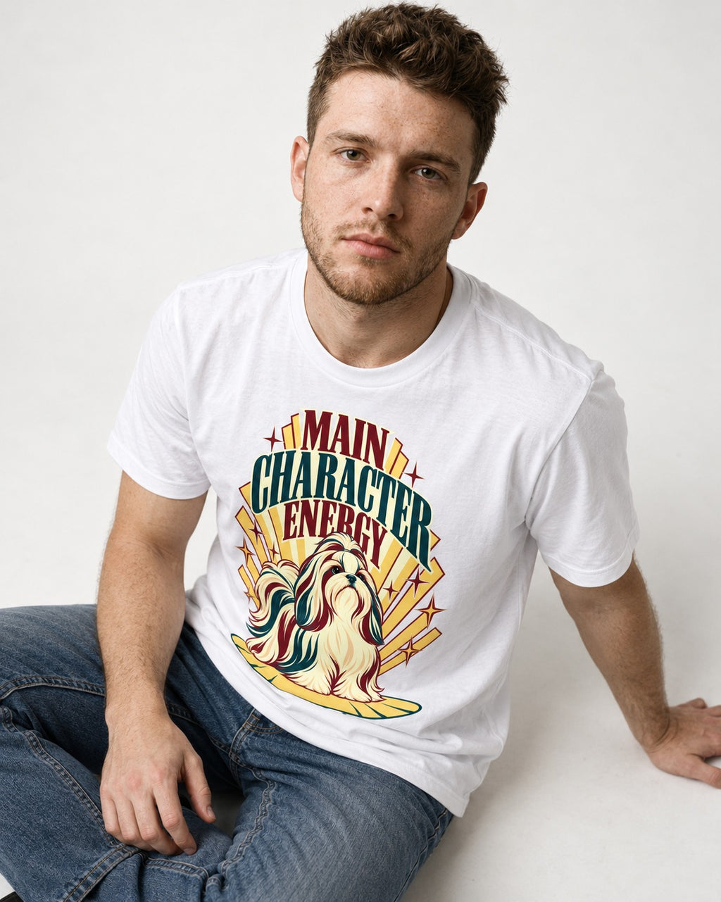 Shih Tzu Main Character Energy Art Deco Graphic T-Shirt in White, worn by a seated model