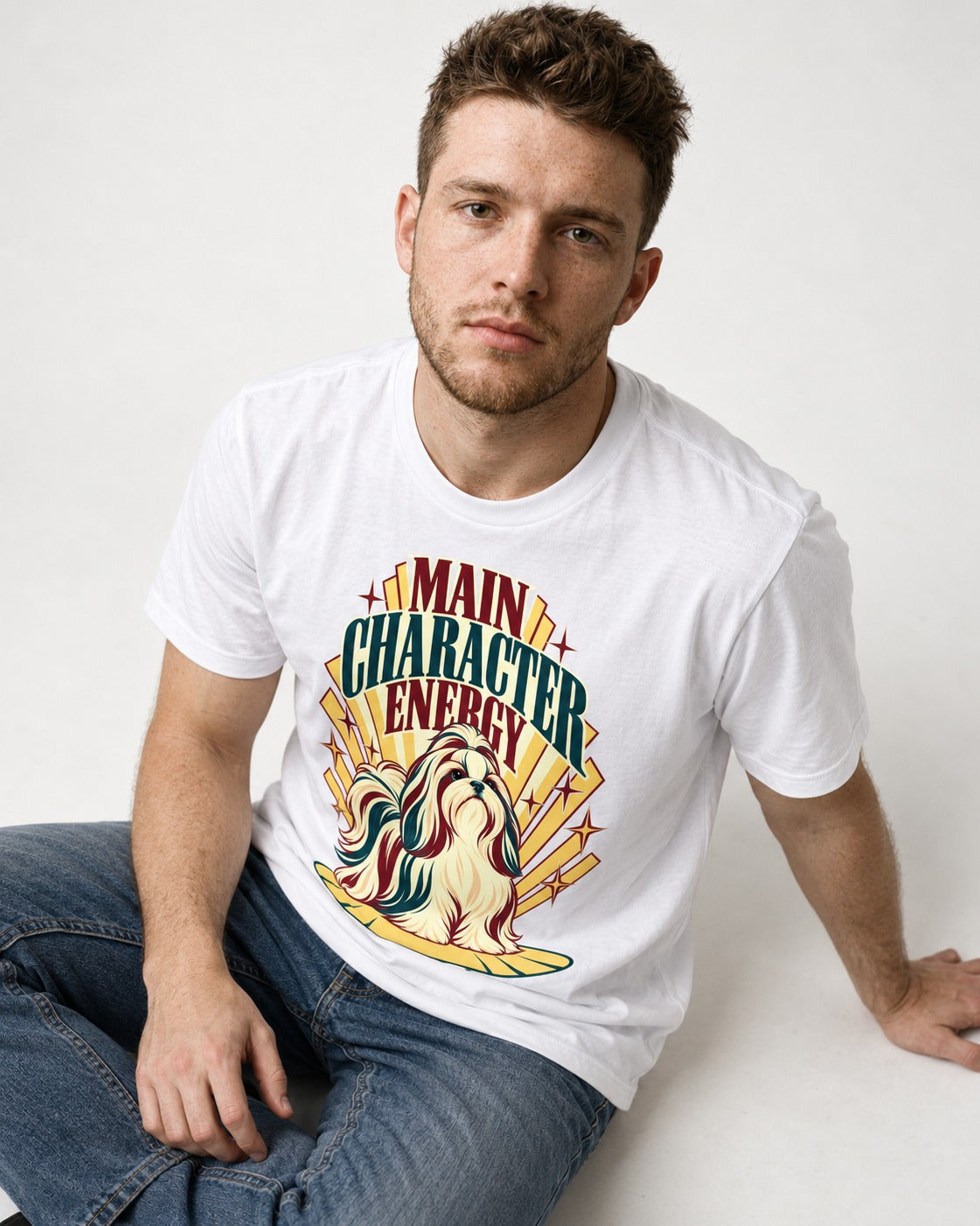 Shih Tzu Main Character Energy Art Deco Graphic T-Shirt in White, worn by a seated model