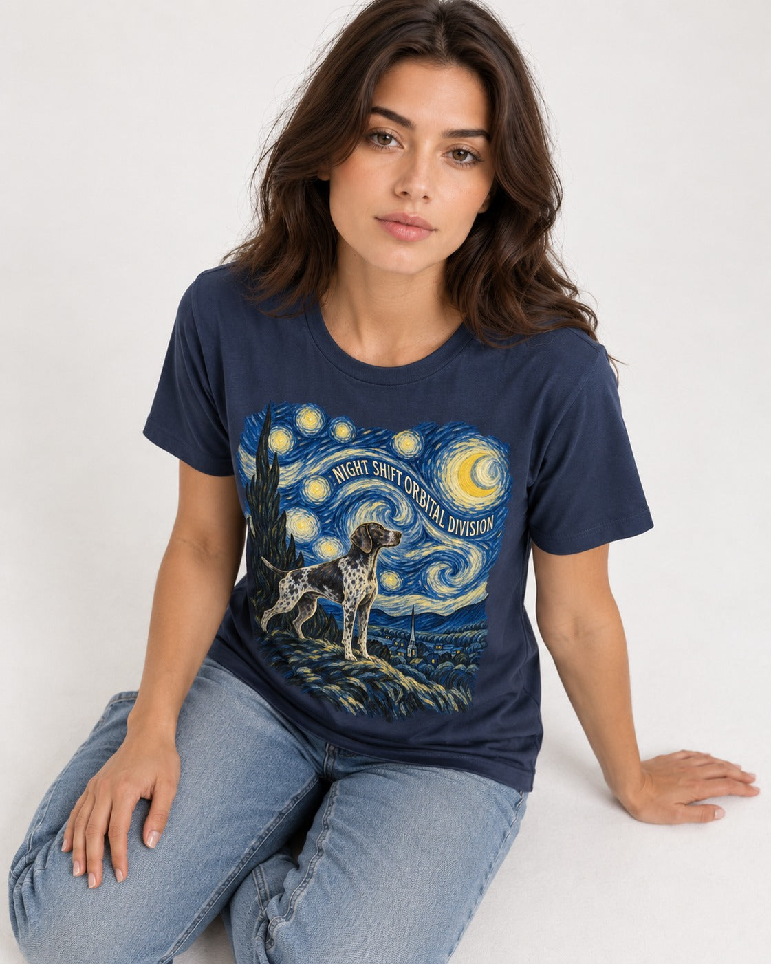 German Shorthaired Pointer Night Shift Orbital Division Starry Night Graphic T-Shirt in Navy, worn by a seated model