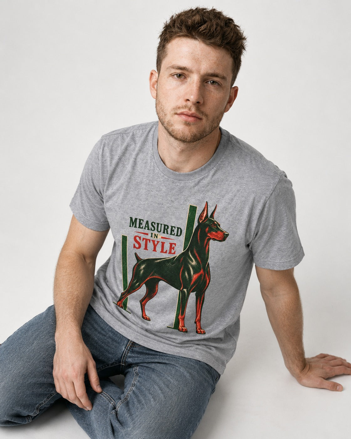 Measured in Doberman T-Shirt in Sport Grey, worn by a seated model