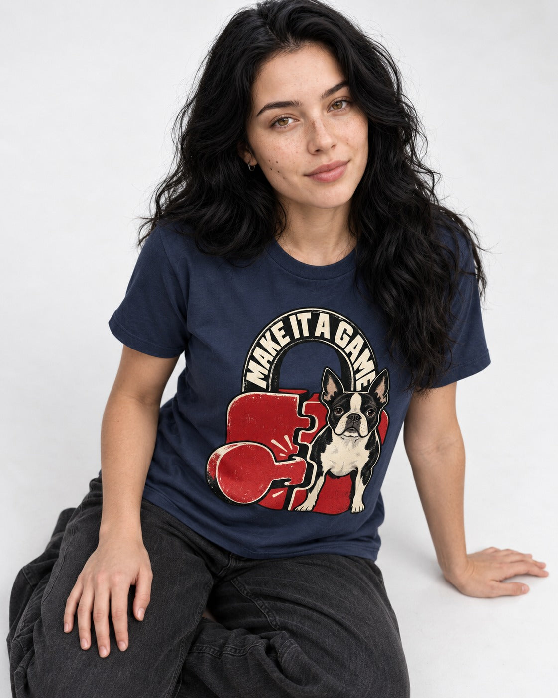 Boston Terrier Make It a Game T-Shirt in Navy, worn by a seated model