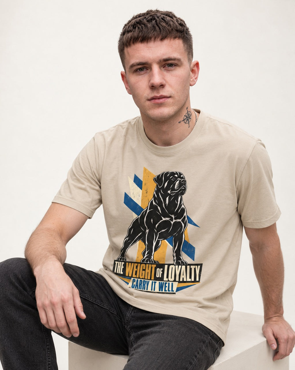 Rottweiler Weight of Loyalty T-Shirt in Sand, worn by a seated model