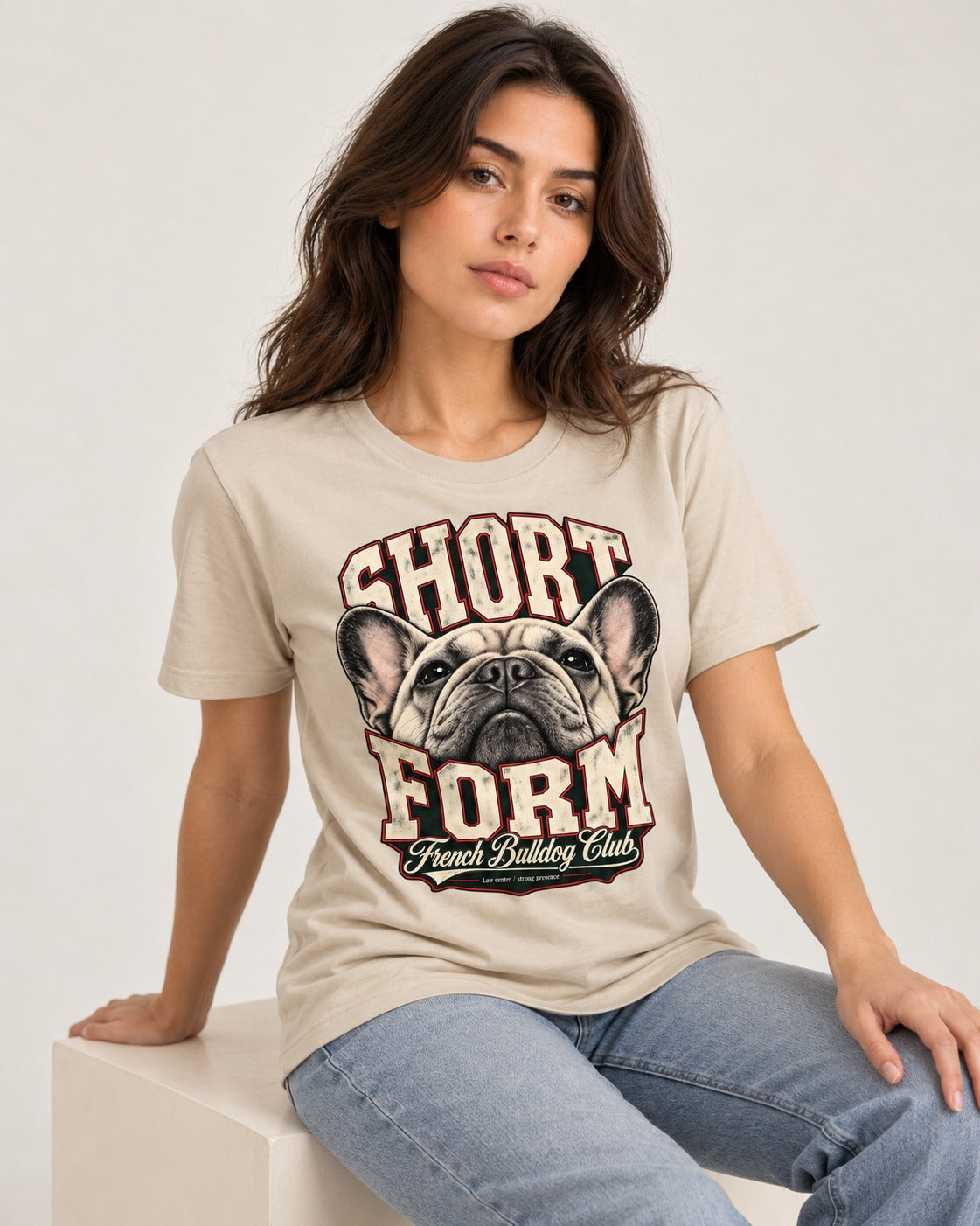 Short Form Frenchie T-Shirt in Sand, worn by a seated model