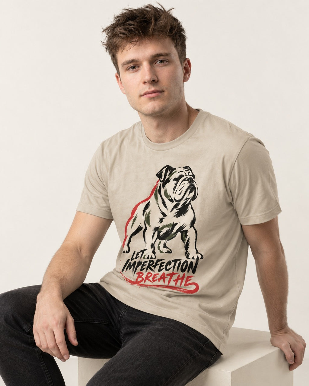 Let Imperfection Breathe English Bulldog T-Shirt in Sand, worn by a seated model