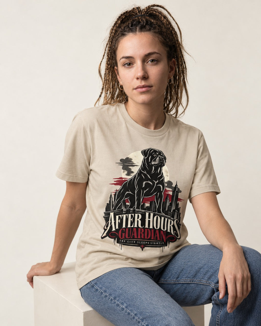 After Hours Rottweiler Guardian T-Shirt in Sand, worn by a seated model