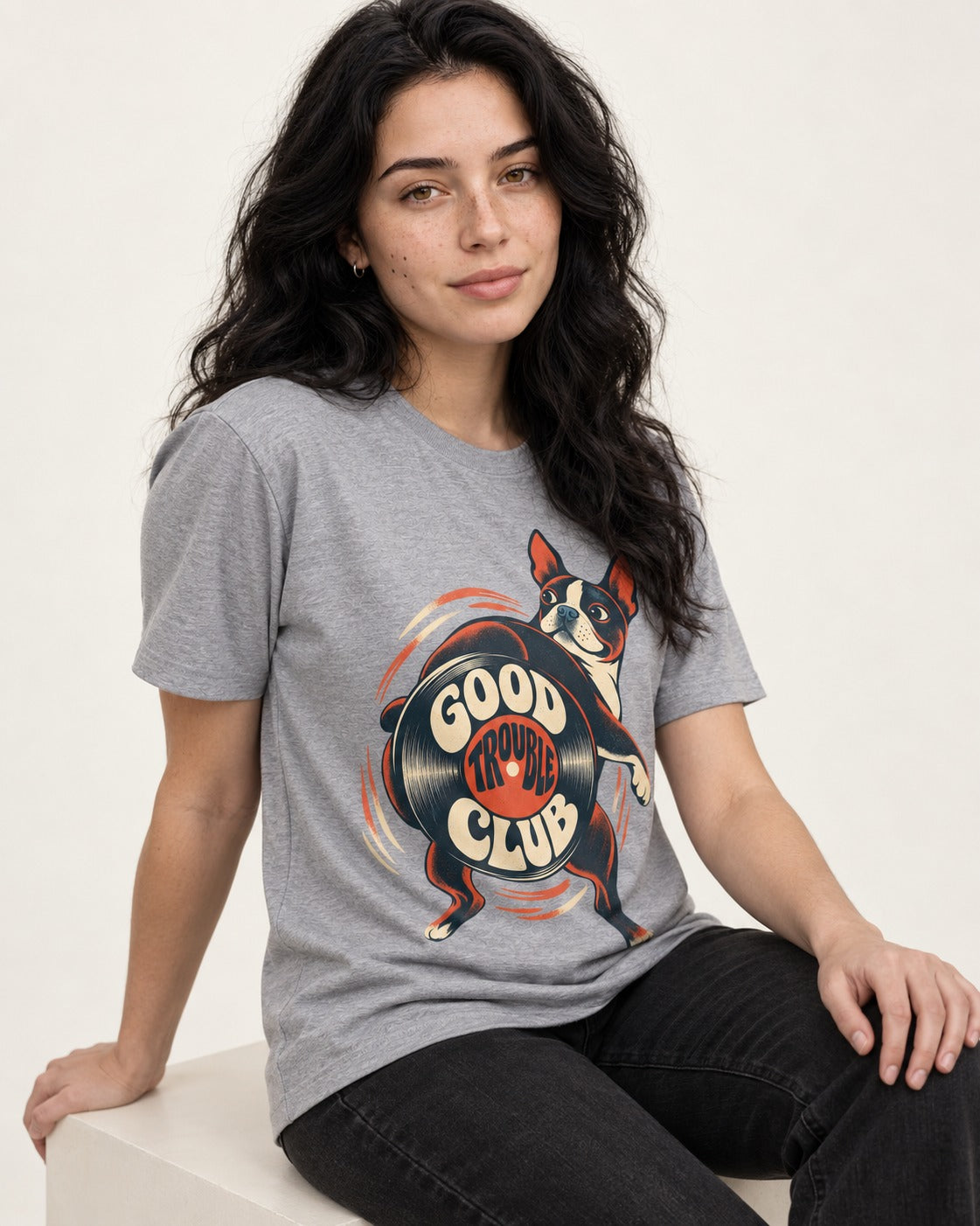 Good Trouble Club Boston Terrier T-Shirt in Sport Grey, worn by a seated model
