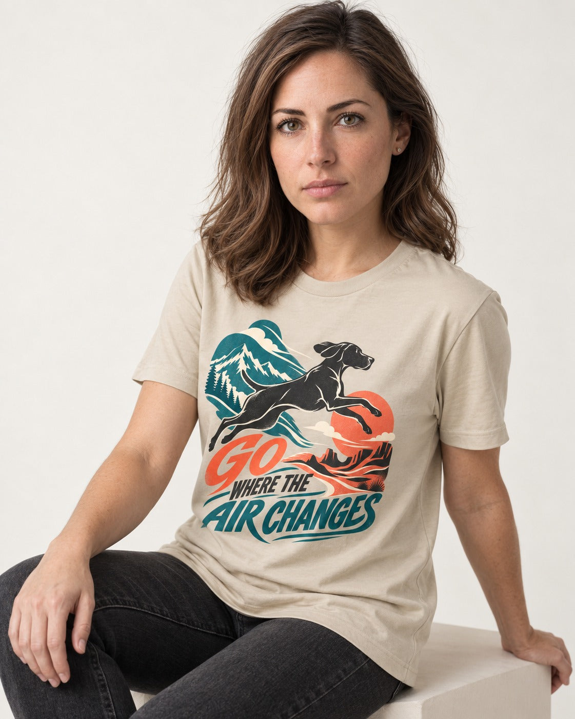 German Shorthaired Pointer Where the Air Changes T-Shirt in Sand, worn by a seated model