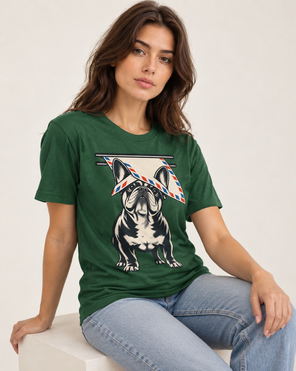 Frenchie Mail Slot Intercept Graphic T-Shirt in Forest Green, worn by a seated model