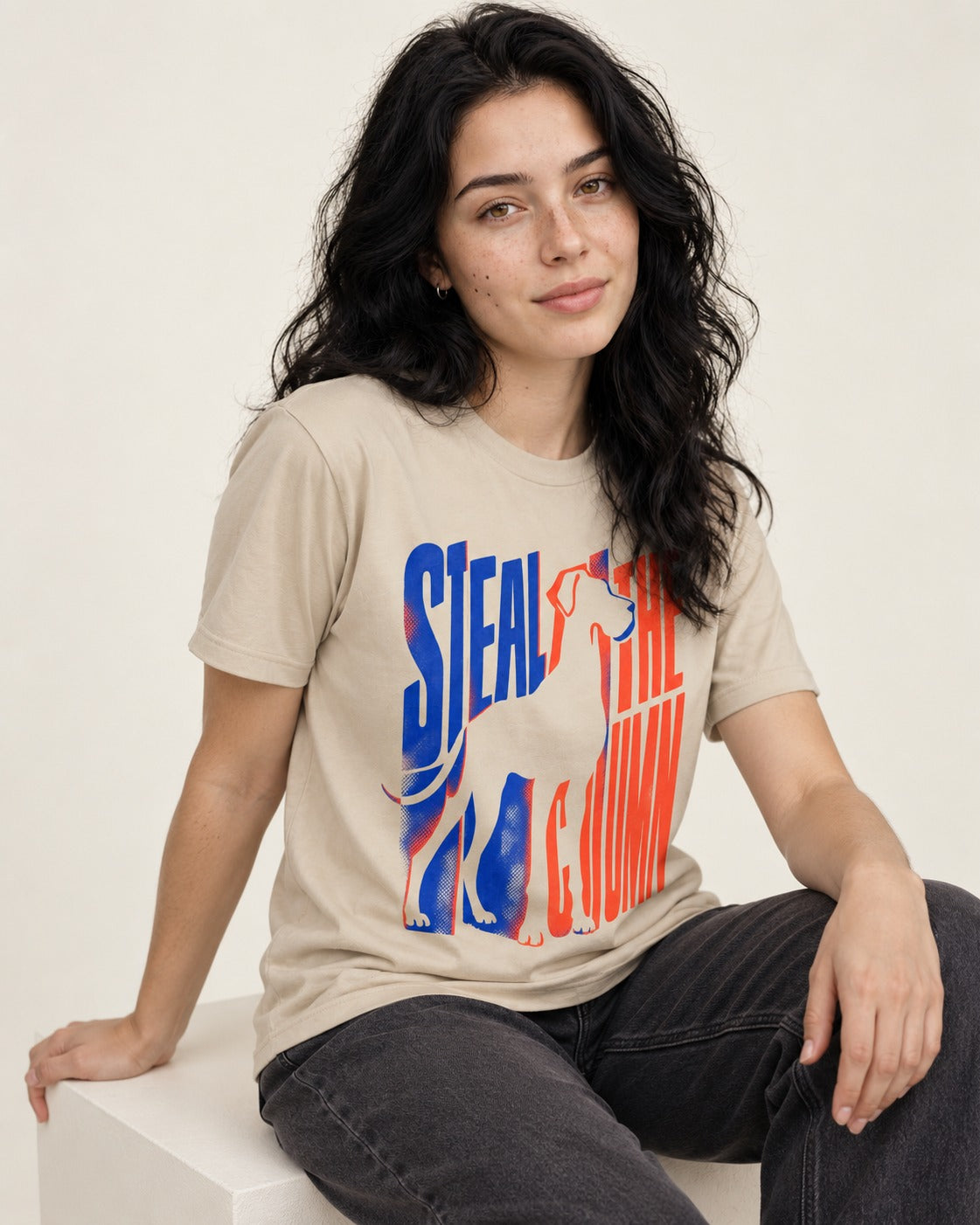 Steal the Show Great Dane T-Shirt in Sand, worn by a seated model