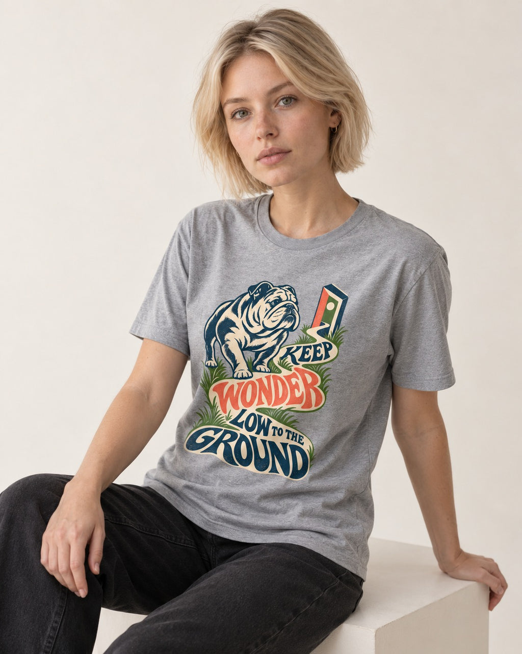 Keep Wonder Low to the Ground English Bulldog Graphic T-Shirt in Sport Grey, worn by a seated model