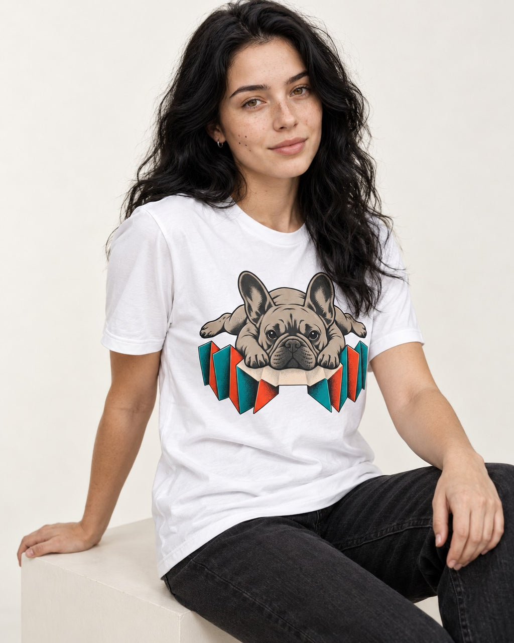 Frenchie Sploot Press Graphic T-Shirt in White, worn by a seated model