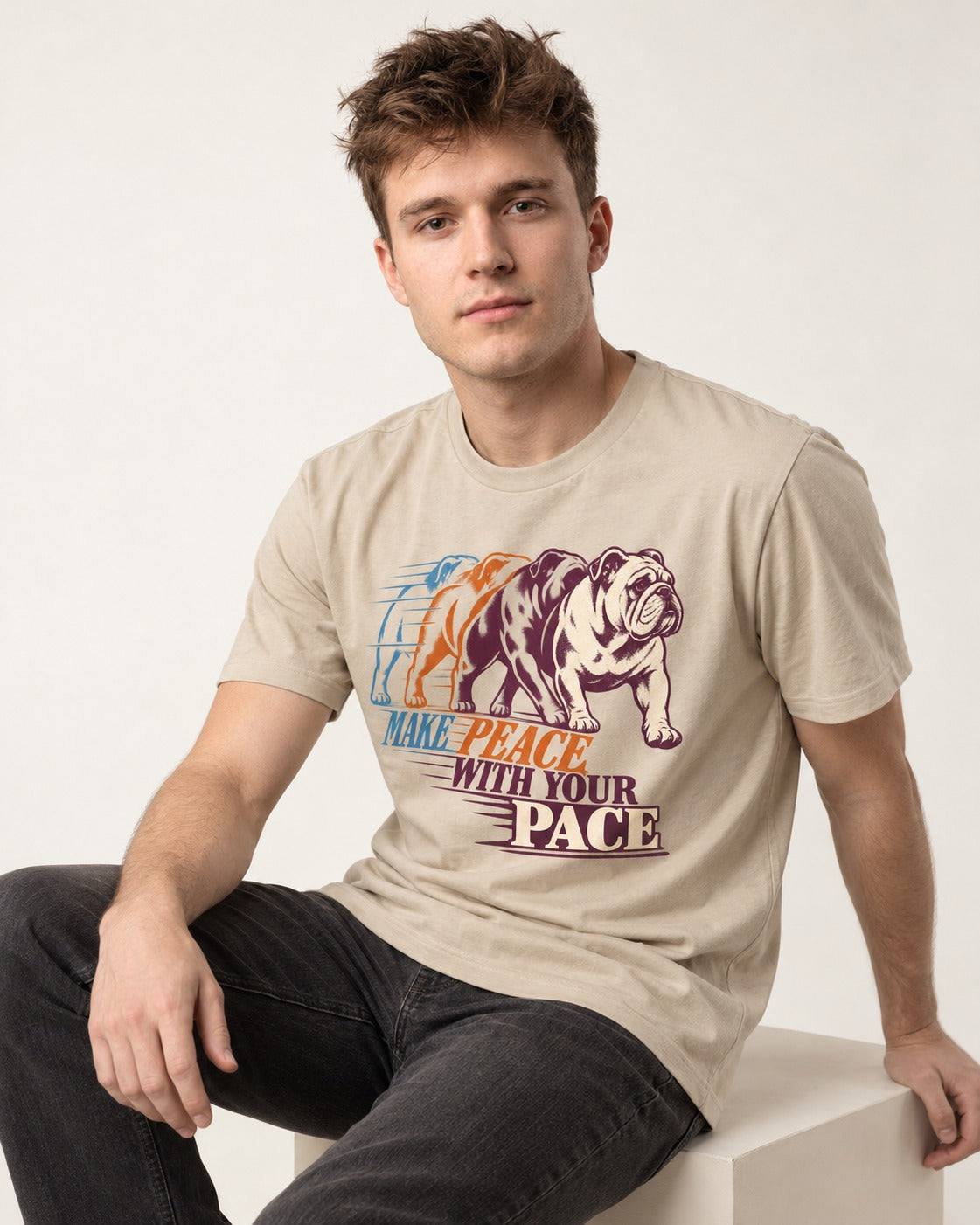 English Bulldog Peace with Your Pace T-Shirt in Sand, worn by a seated model