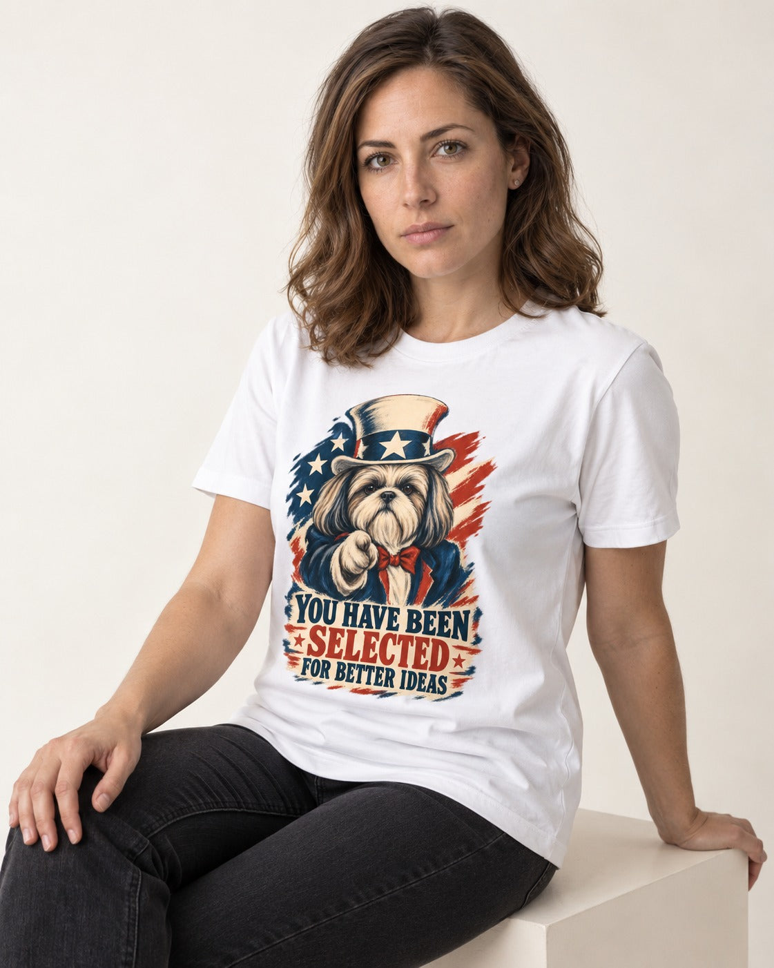 Shih Tzu You Have Been Selected Uncle Sam Graphic T-Shirt in White, worn by a seated model