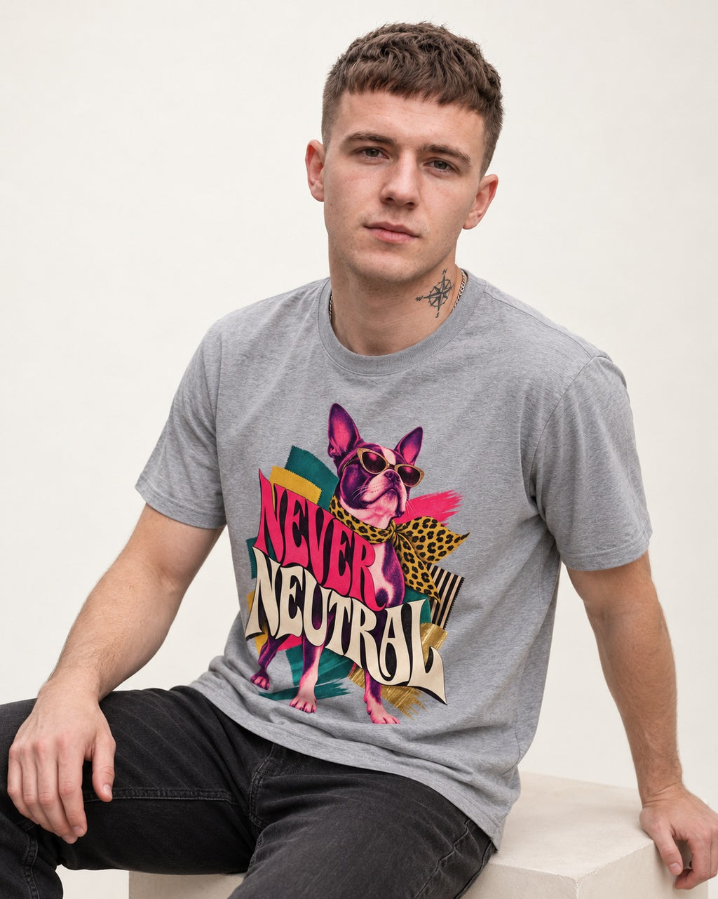 Boston Terrier Never Neutral Fashion Collage Graphic T-Shirt in Sport Grey, worn by a seated model