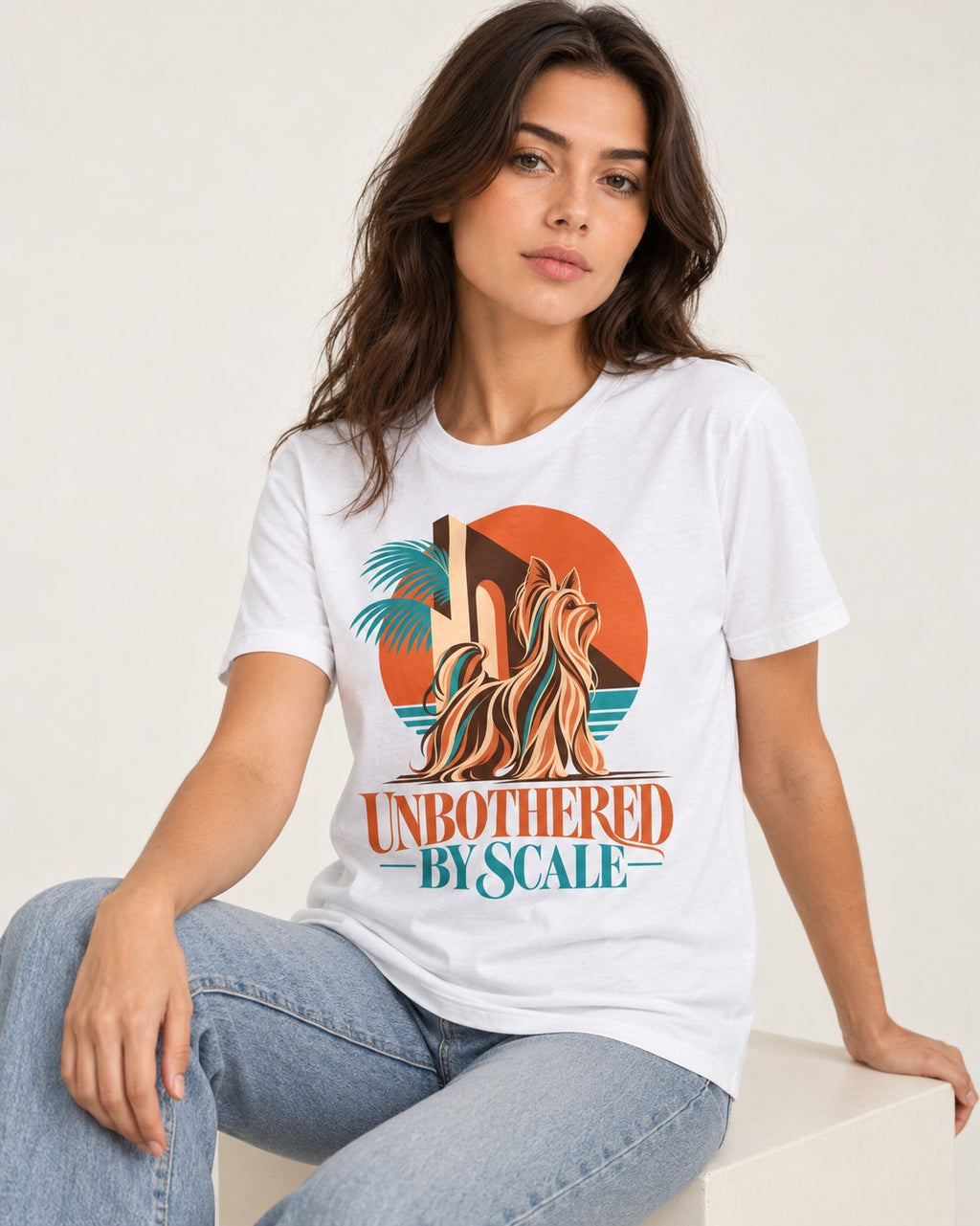 Yorkshire Terrier Unbothered by Scale Tropical Architecture Graphic T-Shirt in White, worn by a seated model