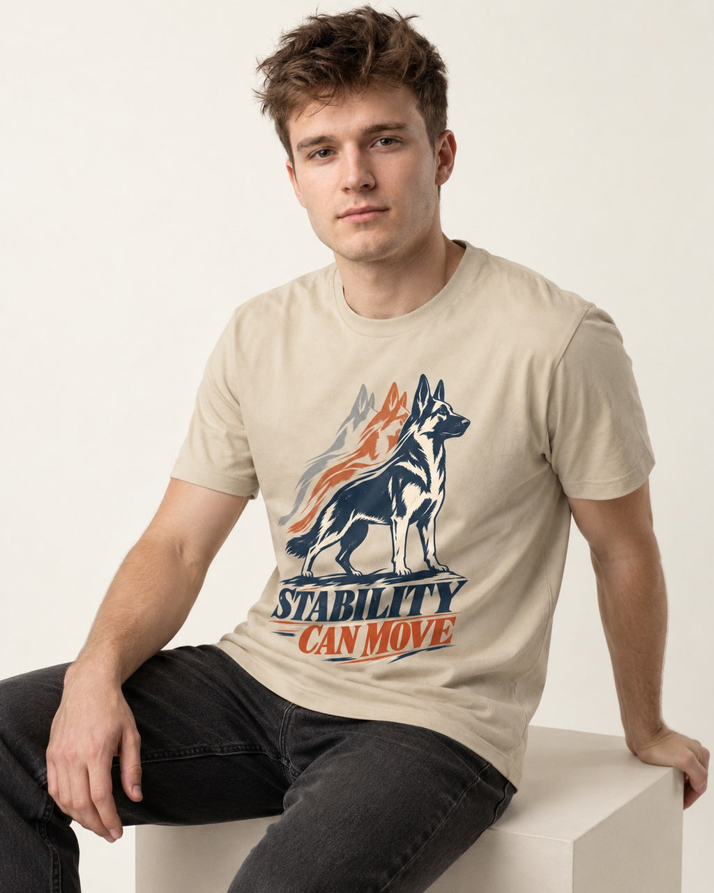 Stability Can Move German Shepherd Dog T-Shirt in Sand, worn by a seated model