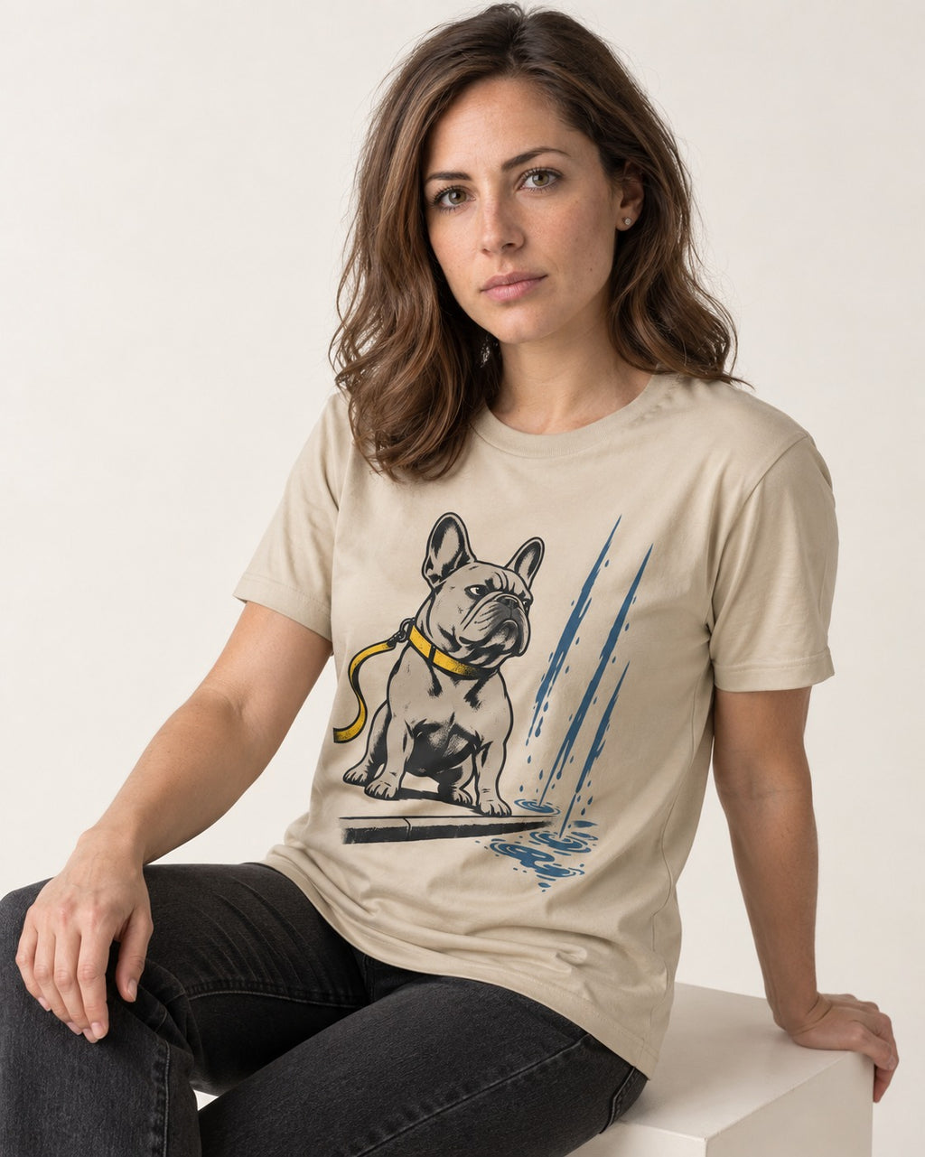 Frenchie Has Standards T-Shirt in Sand, worn by a seated model